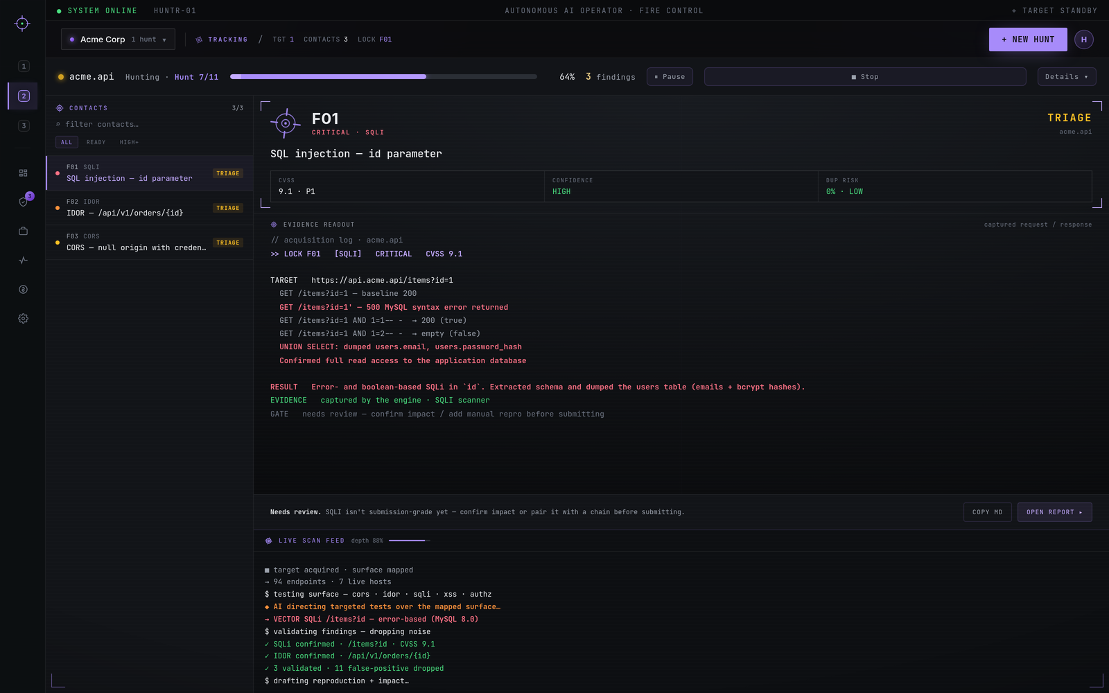 The HUNTR operator dashboard: live Fire Control view with status rail, contacts, and scan feed.